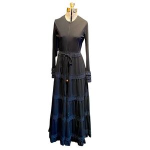 VTG Fenucci black maxi dress long sleeves tiered skirt lace trim drawstring xs